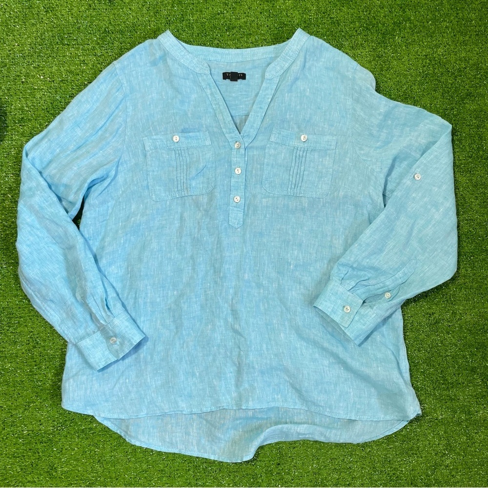 Talbots Women’s MP Blue Linen Tunic V-Neck Long Sleeve Beachy Coastal Resortwear
